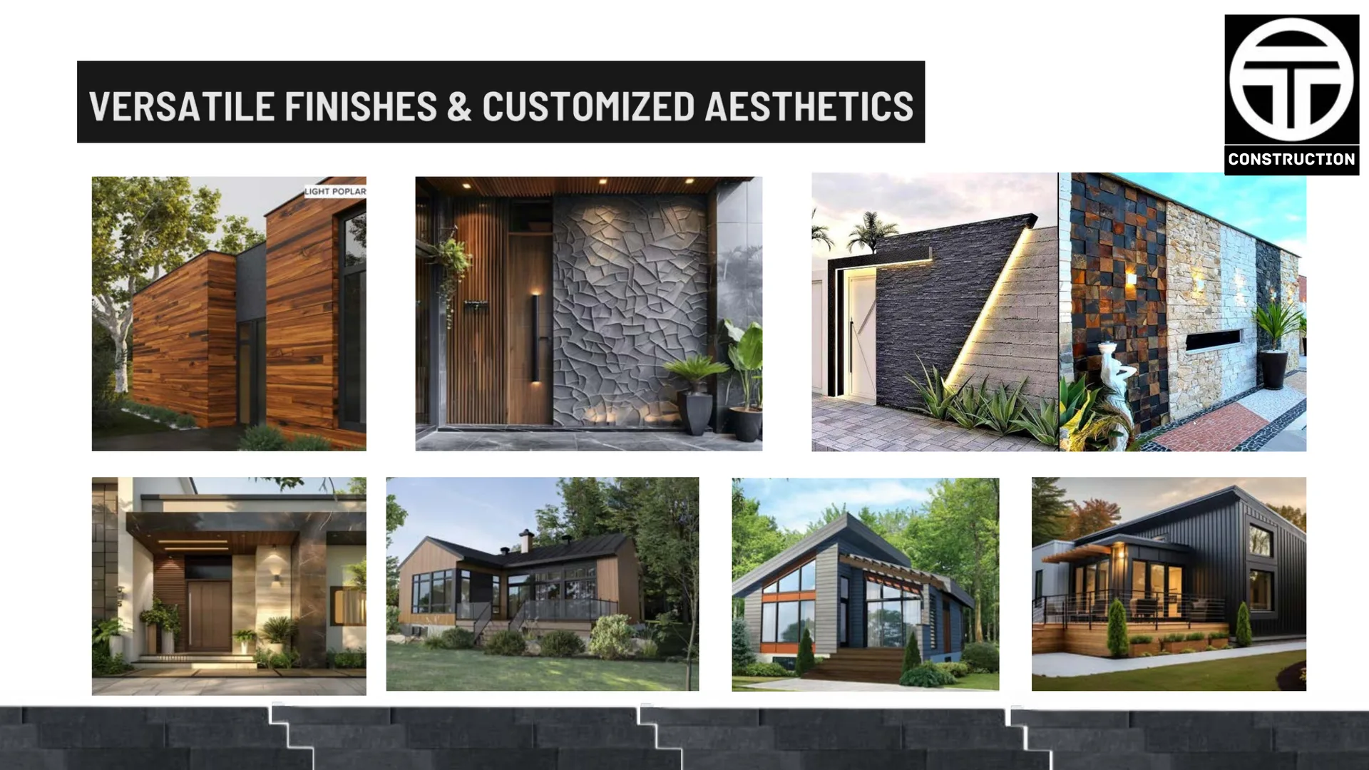 Gallery of versatile exterior finish options — wood, stone, modern finishes achievable with Theis Construction Panels